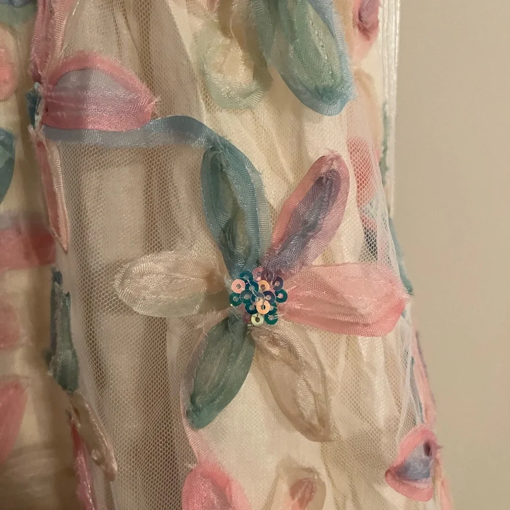 Romantic Pastel Floral Appliqué Puff Sleeve Mini Dress Sequins NWT M #2339-40